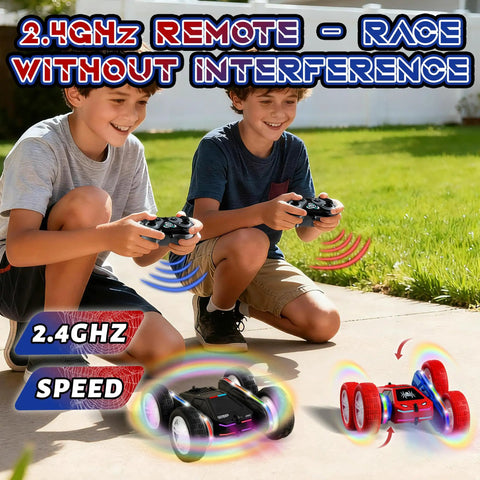 Children playing with Remote Control Spider Car 4WD With 360 Degree Flips Double Sided Drift Monster Truck Style LED Lights