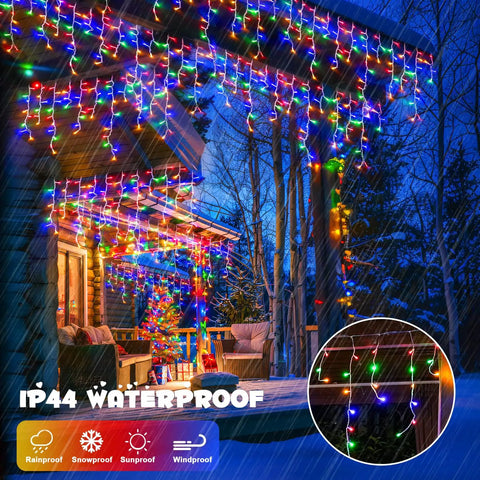 Epic 800 LED Icicle Christmas Lights Outdoor Plug In Multicolor with 160 Drops Waterproof 8 Modes on a porch scene