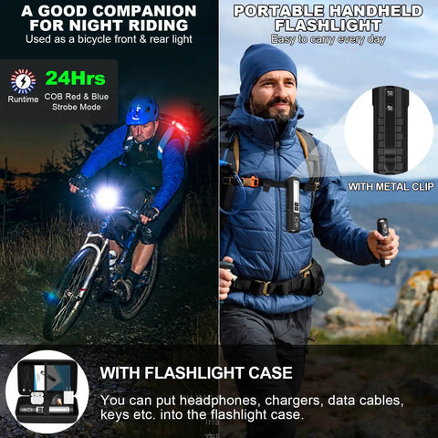 A cyclist at night and a hiker with a Rechargeable High Lumens Tactical Flashlight With 8 Modes, Compact Magnetic Light clipped to his jacket.