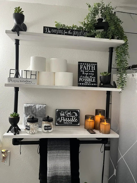 Industrial Pipe Shelving With Towel Rack 3 Tier 30 Inch Rustic White Floating Shelves with decor and candles