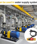 Industrial water supply system with yellow and blue pumps. Inset: G One Half Inch Brass Hall Effect Water Flow Sensor With PTFE Tape.