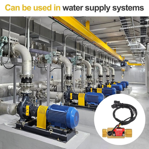 Industrial water supply system with yellow and blue pumps. Inset: G One Half Inch Brass Hall Effect Water Flow Sensor With PTFE Tape.
