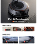 MagSafe Car Mount with Ultra Strong Vacuum Suction Base on flat dashboard shown, compatible with various materials and surfaces.