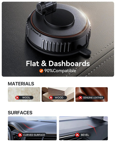 MagSafe Car Mount with Ultra Strong Vacuum Suction Base on flat dashboard shown, compatible with various materials and surfaces.