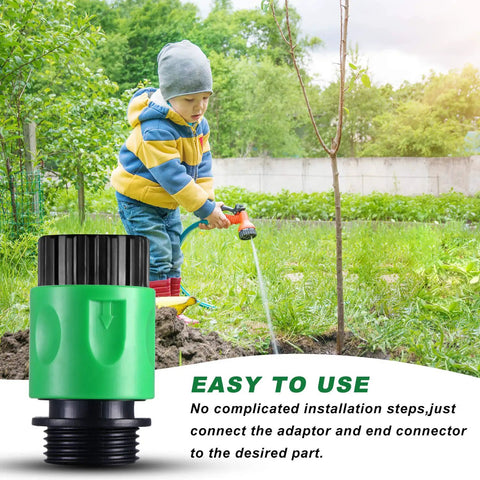 Child watering garden using Sixteen Piece Garden Hose Quick Connectors Kit With Three Quarter Inch Plastic Water Hose Fittings.
