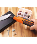Cordless Rotary Tool 7.2 Volt Lightweight Drill Sand Polish Carve Engrave Sharpener in use sharpening knife blade.