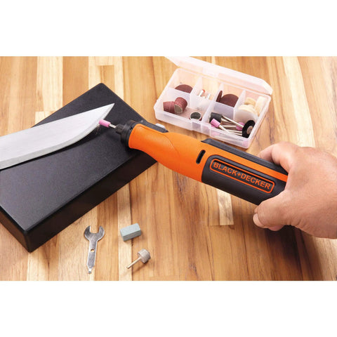 Cordless Rotary Tool 7.2 Volt Lightweight Drill Sand Polish Carve Engrave Sharpener in use sharpening knife blade.
