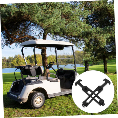 Golf cart on grass with inset image of Eight Rubber T Handle Hasp Latches Set For Tool Boxes Coolers Machinery And Hoods Durable Flexible Draw Latches With Shock Resistance For Indoor Outdoor Use Four Sets Two Pieces Each.