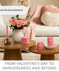 Flickering Flameless Pillar Candle 3.7x4.5 Inches With Real Flame Effect Pink Ribbed Wax Embossed Heart LED Light displayed on table