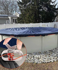 164 Ft Above Ground Pool Cover Cable And Winch Kit securing a winter pool cover with ratchet winch and heavy-duty wire shown