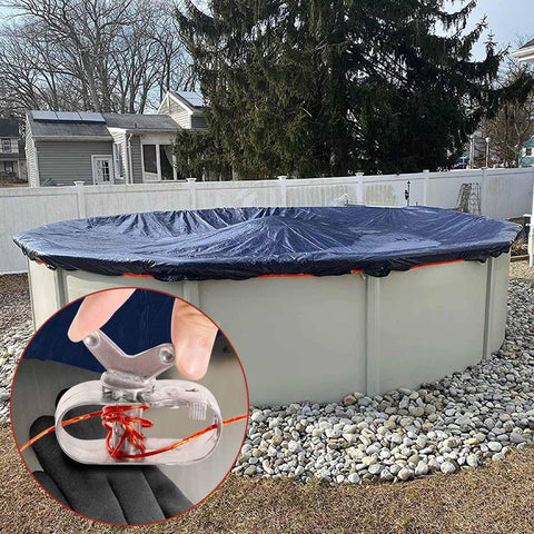 164 Ft Above Ground Pool Cover Cable And Winch Kit securing a winter pool cover with ratchet winch and heavy-duty wire shown