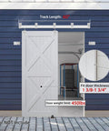 5Ft Exterior Sliding Barn Door Hardware Kit Heavy Duty Track For Indoor And Outdoor Doors installed on blue wall
