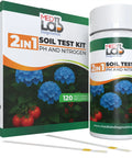 2 In 1 Soil And Nitrogen Test Strips Kit For Garden Lawn And Pots 120 Count with test strips, box, and flowers image