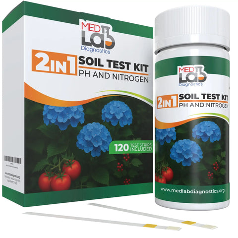 2 In 1 Soil And Nitrogen Test Strips Kit For Garden Lawn And Pots 120 Count with test strips, box, and flowers image