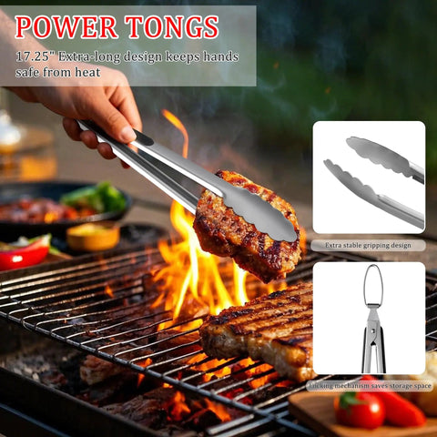 Person using tongs from All In One Grill Tools Set With 4 In 1 Spatula, Tongs, Fork, Silicone Brush, Six Reusable Skewers