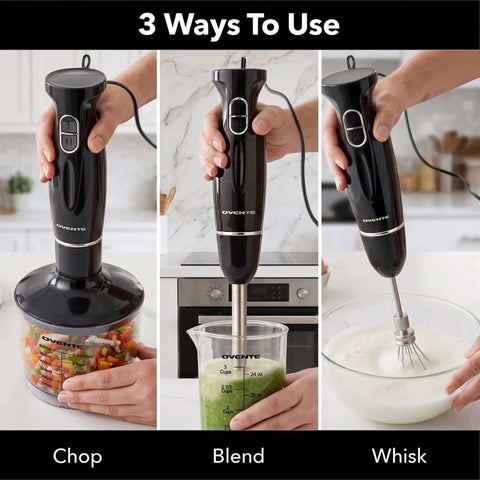 Badass Electric Hand Blender Set With Dual Speed Settings And 300 Watt Motor Includes Whisk Tool And BPA Free Chopper Cup For Knockout Smoothies Purees And Protein Shakes In Matte Black in three usage methods: chop, blend, whisk.