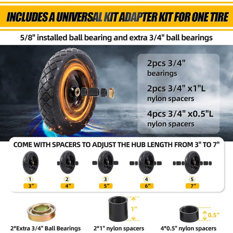 Flat Free Tire And Wheel For 15 Inch Wheelbarrow Replacement Kit With 3.00-4.00 And 4.80-8 Inch Sizes, bearings and spacers shown