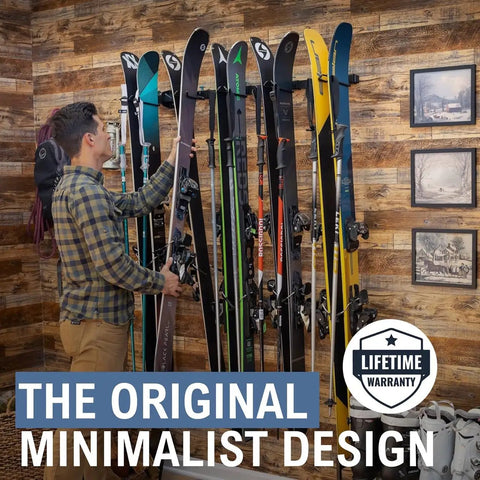 Heavy Duty Wall Mount Ski Rack That Locks Up To Five Pairs Smoothly storing multiple skis on a wooden wall.