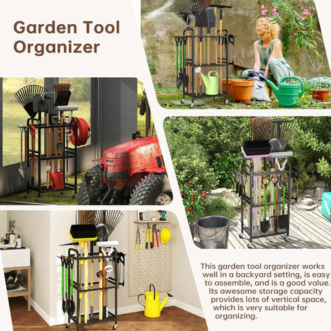 Heavy Duty Garden Tool Organizer With Lockable Wheels Workhorse Metal Garage Storage Rack 35 Tool Slots And Side Hooks