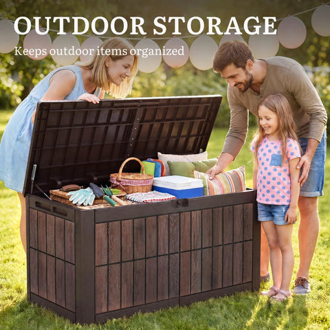 Family using 134 Gallon Waterproof Resin Outdoor Deck Box With Lock Doubles As Bench Seating For Patio Cushions Garden Tools And Pool Accessories No Fuss Heavy Duty Weather Ready Dark Brown Wood Grain Finish for storage