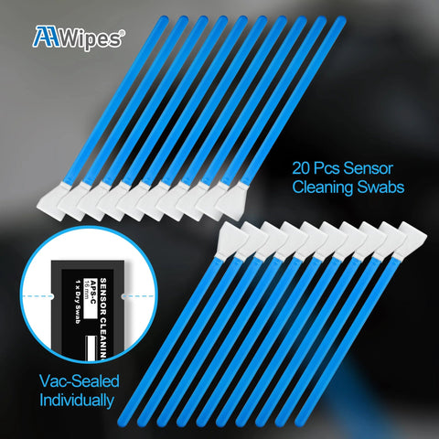 AAWipes sensor cleaning swabs for 16 mm APS-C camera sensors, blue handle, 20-pack.
