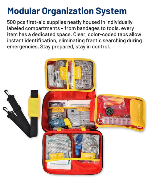 Front view of open outdoor first-aid kit with yellow exterior, red interior, and mesh pockets.