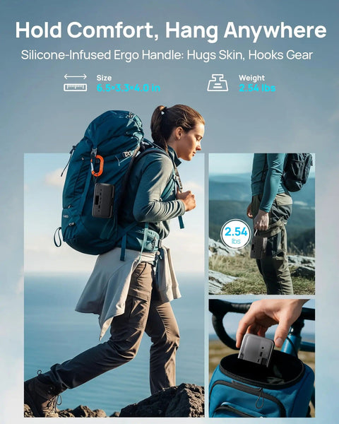 Woman hiking with Portable Power Station 89.6Wh LiFePO4 Battery With Solar Ready attached to backpack, showcasing handle.