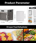 Dimensions of Big Time Eight Tray Stainless Steel Food Dehydrator Machine showing trays with dried fruits and vegetables.
