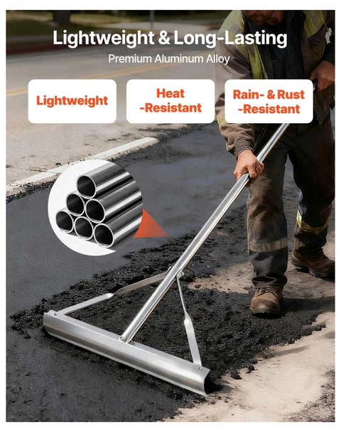Heavy Duty Aluminum Landscape Rake With 60 Inch Handle And 20 Inch Wide Head For Asphalt Edges, Concrete Paving, And Sand Or Soil Leveling
