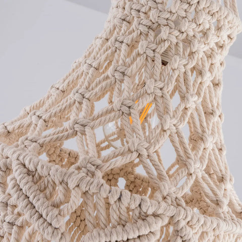 Close-up of Boho Macrame Pendant Light with intricate cotton weave, showcasing detailed craftsmanship of bohemian hanging lamp.
