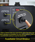 Close-up of resettable circuit breaker on 1000W Voltage Converter Transformer Step Up Down 110V to 220V 220V to 110V with US Power Cord.