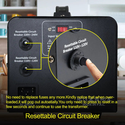 Close-up of resettable circuit breaker on 1000W Voltage Converter Transformer Step Up Down 110V to 220V 220V to 110V with US Power Cord.