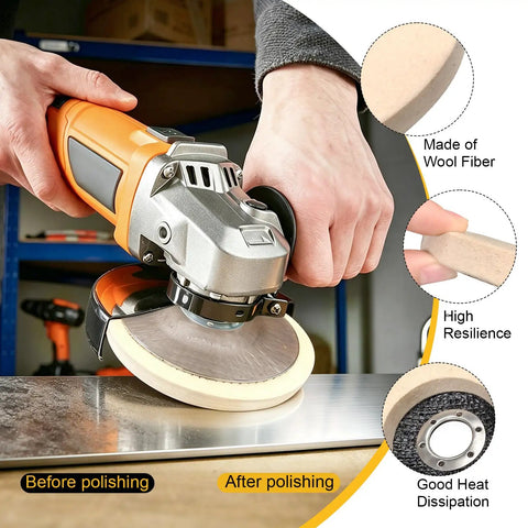 Close-up of angle grinder using All In One 10-Piece 4.5 Inch Metal Polishing Kit for shiny metal finish, wool wheel shown