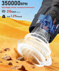 Beast Cordless Leaf Blower With 350000 RPM Turbo Motor and Lightweight Handheld Design blowing air on sand with specs shown