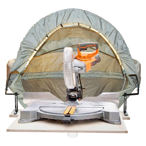 LED Lighted Dust Solution for Miter Saws with Surround Enclosure shown on 10-inch saw, clear visibility and safety feature.