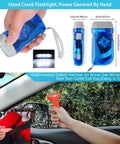 Roadside Car Emergency Kit With Jumper Cables Shovel First Aid Kit And Safety Tools All In One Auto Truck Vehicle Emergency Bag For Women Men Adults Ready For Any Breakdown Or Unexpected Auto Emergency, showing hand crank flashlight and safety hammer for window breaking