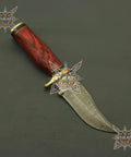 Damascus Steel Hunting Knife With Rosewood Handle 8 Inch Full Tang Blade Traditional Style Leather Sheath For Camping