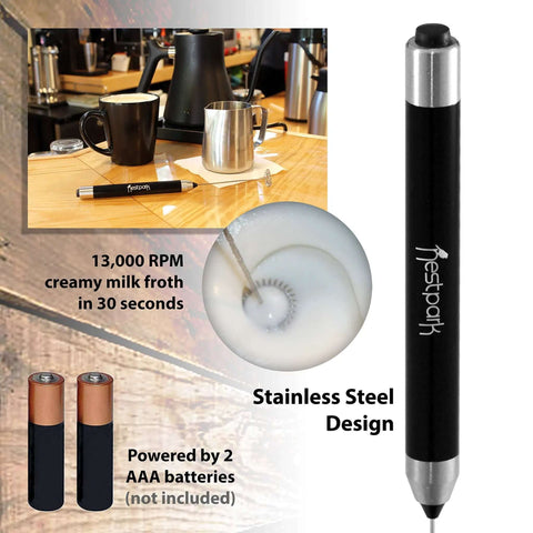 Badass Little Cordless Handheld Stick Blender Blends Bulletproof Keto Coffee Protein Shakes And Creamers Straight Up Smooth Zero Clumps Guaranteed Wireless Power Mixer on countertop with frothed milk.