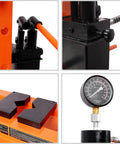Close-up of a 30 Ton Hydraulic Shop Press With Adjustable H Frame And Gauge, Dual Pump, Steel Construction, Orange color