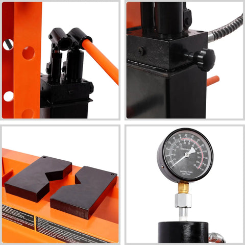 Close-up of a 30 Ton Hydraulic Shop Press With Adjustable H Frame And Gauge, Dual Pump, Steel Construction, Orange color