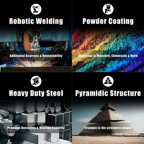 Image showcasing robotic welding, powder coating, heavy duty steel, and pyramidal structure features for product durability.
