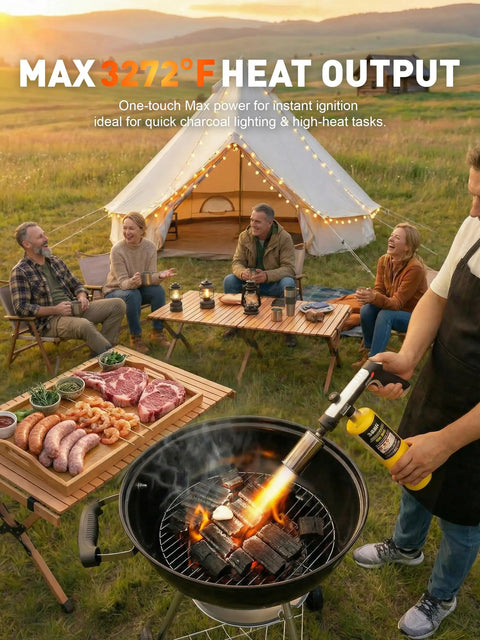 Outdoor cooking with Propane Torch Gun With Adjustable Flame for searing and BBQ, showcasing max 3272°F heat output.