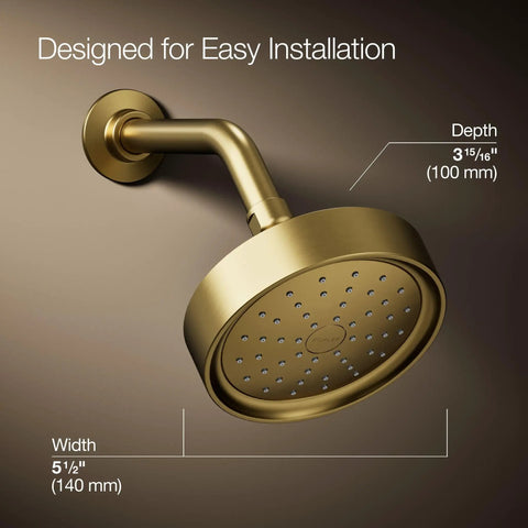 Purist Single Function Shower Head 1.75 GPM Vibrant Brushed Moderne Brass Finish with installation dimensions shown