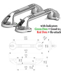 Diagram of 16.5 Inch Suction Bath Grab Bar With Indicators For Balance Help Shower Handle On Flat Non Porous Tiles Silver Grey Secure Grip Easy Install Ideal For Seniors And Rehab Safety In The Shower