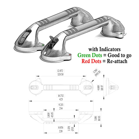 Diagram of 16.5 Inch Suction Bath Grab Bar With Indicators For Balance Help Shower Handle On Flat Non Porous Tiles Silver Grey Secure Grip Easy Install Ideal For Seniors And Rehab Safety In The Shower
