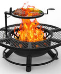 40 Inch Outdoor Fire Pit With Poker And Grill For Patio And Backyard, showing flames and food on grill, steel construction