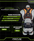 Back view of Lite Full Body Harness With Aluminum Hardware, OSHA And ANSI Compliant, Size M-L, with breathable pads and orange stitching.