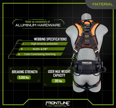 Back view of Lite Full Body Harness With Aluminum Hardware, OSHA And ANSI Compliant, Size M-L, with breathable pads and orange stitching.