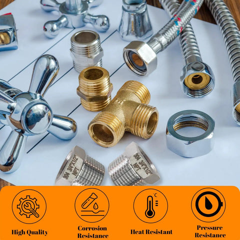 Two Pack Three Quarters Inch Male Npt To One Half Inch Female Npt Stainless Steel Hex Bushing Reducer Adapter 304 Stainless Steel Pipe Fitting Beefy Build Corrosion Resistant High Temp Perfect For Plumbing DIY, shown with brass fittings