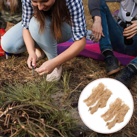 Woman using Two Pack Jute Silk Fire Starter Cord for Camping and Outdoor Survival; easy ignition rope burns steady in rain or snow.